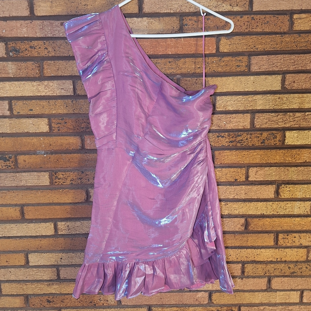 Gaudie One-Shoulder Shimmery Metallic Lilac Ruffle Mini Dress